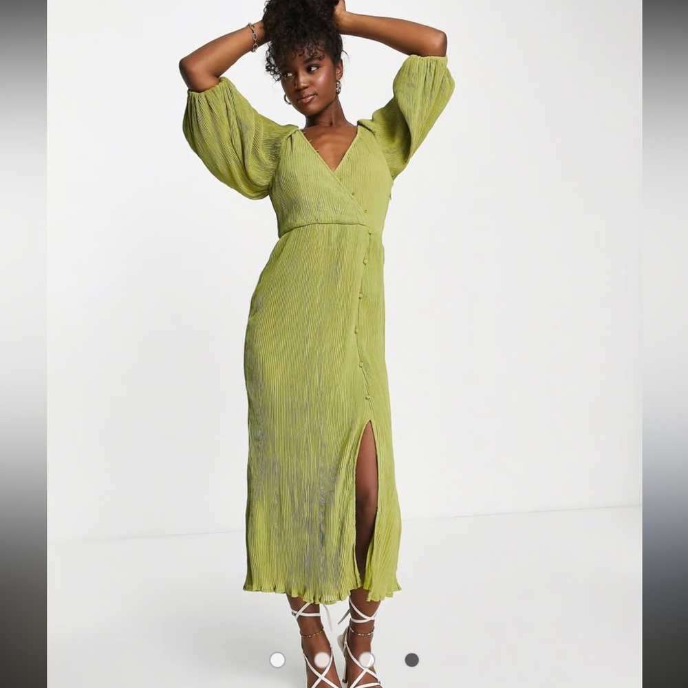 ASOS Ballon Sleeve Pleated Olive Dress size 8